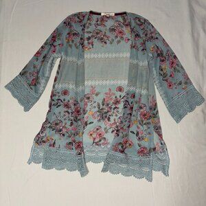 Rewind Floral Kimono Cardigan Small Sage Green Crochet Lace Boho Semi-Sheer